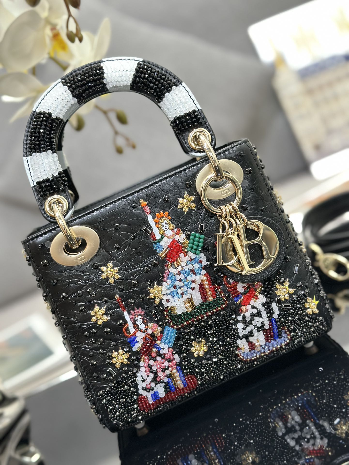 Mini Lady Dior Bag Black Calfskin Lady Liberty Embroidered with Paint Beads